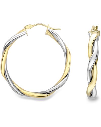 Jewelco London 9ct White & Yellow Gold Double Square Twist Hoop Earrings - Ernr02619 - Metallic
