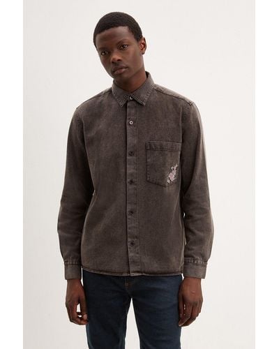 Burton Dark Grey Laundered Overshirt With Embroidery - Brown