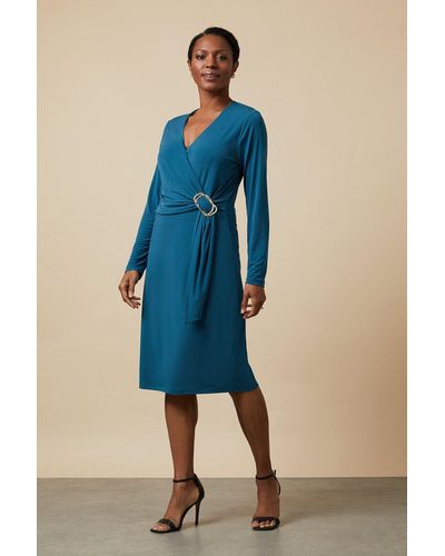 Wallis Teal Buckle Jersey Wrap Midi Dress - Blue