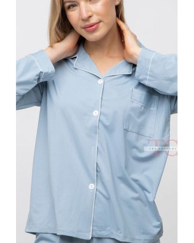 The Colourful Aura Blue Plain Soft Cotton Long Sleeve Night Suit Women's Silk Sleepwear Pyjama Set