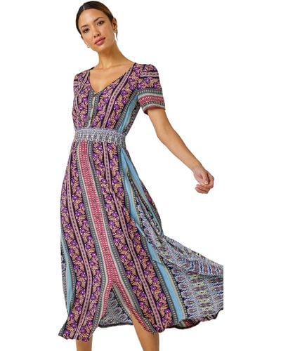 Roman Floral Print Fit And Flare Maxi Dress - Purple