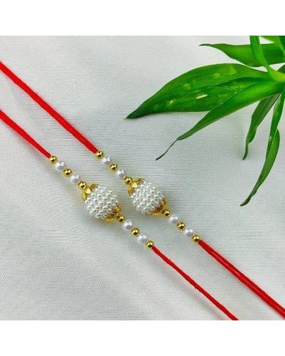 The Colourful Aura Set Of 2 Of White Golden Pearl Bead Rakhi For Raksha Bandhan - Green