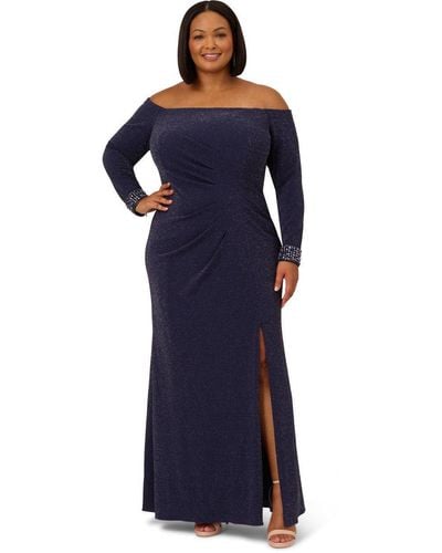 Adrianna Papell Plus Metallic Knit Beaded Gown - Blue