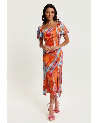 Liquorish Abstract Print Midi Dress With A Square Neck And Low Back In Orange - Red