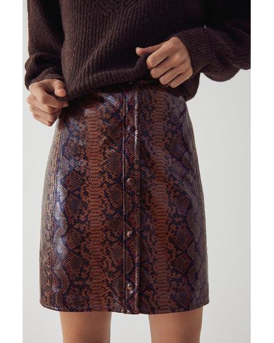Warehouse Faux Leather Snake Popper Front Mini Skirt - Multicolour
