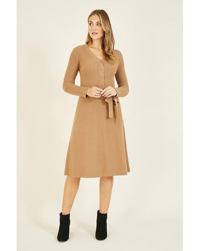 Yumi' Brown Knitted Skater 'anise' Dress - Natural