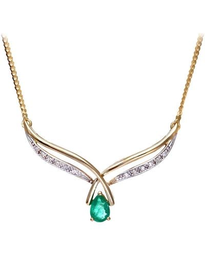 Jewelco London 9ct Gold Diamond Oval Emerald Teardrop Lavalier Necklace 18" - Metallic