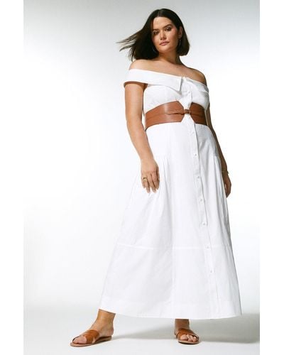 Karen Millen Plus Size Cotton Belted Bardot Dress - White