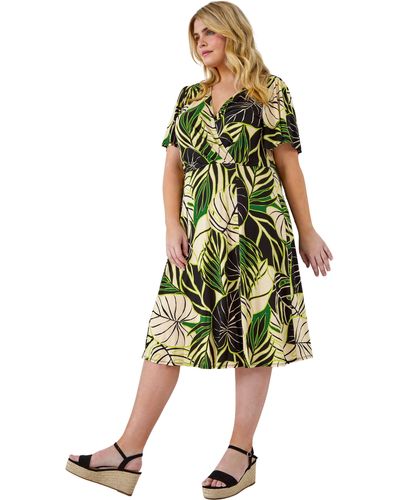 Roman Curve Tropical Leaf Stretch Wrap Dress - Yellow