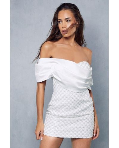 MissPap Premium Embellished Off The Shoulder Bardot Mini Dress - White