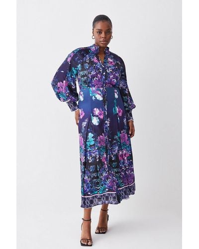 Karen Millen Plus Size Boarder Floral Print Satin Woven Midi Dress - Blue