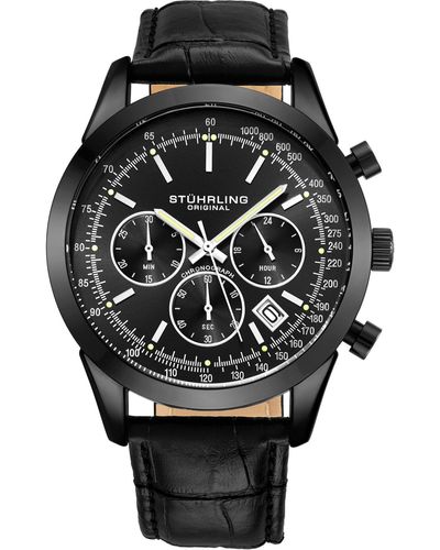 Stuhrling Original Rialto Chronograph Watch Quartz Vwith Tachymeter 44mm Case Black Leather Band