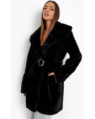 Boohoo Buckle Detail Belted Faux Fur Coat - Black