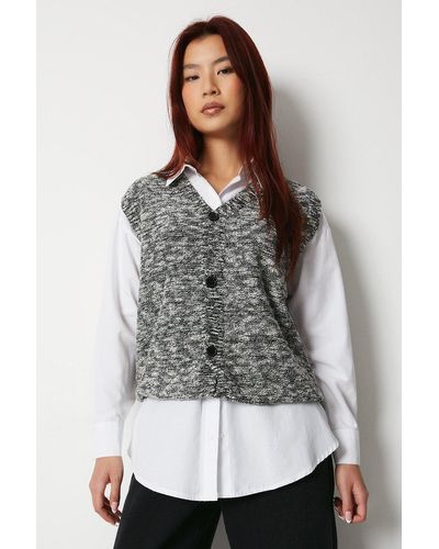 Warehouse Knitted Button Through Waistcoat - Grey