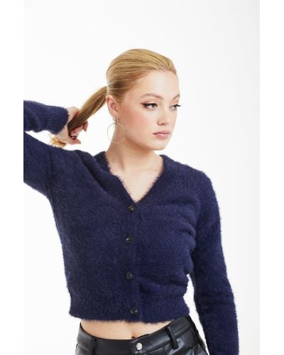 Double Second Fluffy Knit Cardigan - Blue