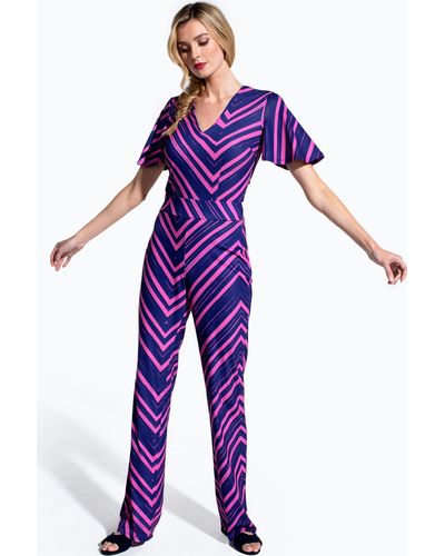 Hot Squash Straight Leg Jumpsuit With V-neck And Flare Sleeves - Purple