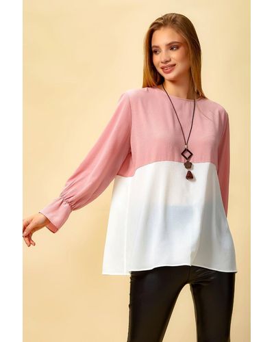 Hoxton Gal Oversized Long Sleeves Crew Neck Colour Block Blouse - Pink