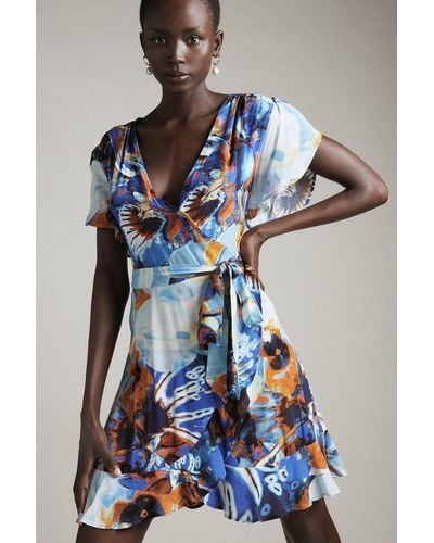 Karen Millen 70s Floral Shor T Woven Wrap Dress - Blue