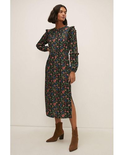 Oasis Slinky Jersey Floral Frill Midi Dress - Black