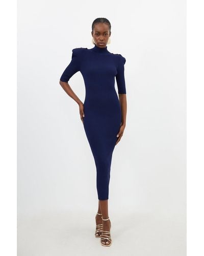 Karen Millen Viscose Blend Rib Knit Power Shoulder Midaxi Dress - Blue