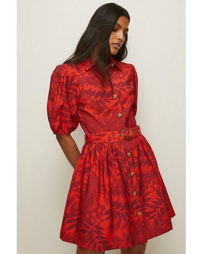 Oasis Floral Printed Linen Look Belted Skater Dress - Red