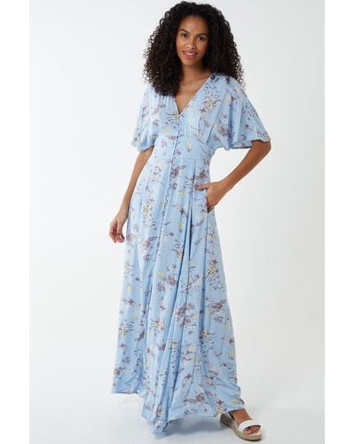 Blue Vanilla Kimono Sleeve Button Through Maxi Dress - Blue