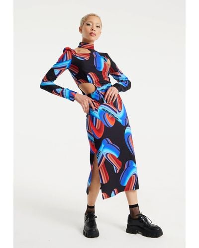 House of Holland Abstract Print Midi Dress With Front Cut Out Detail - Blue