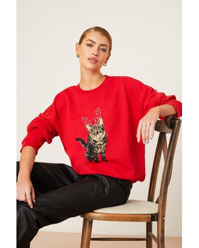 Dorothy Perkins Christmas Cat Crew Neck Sweatshirt - Red