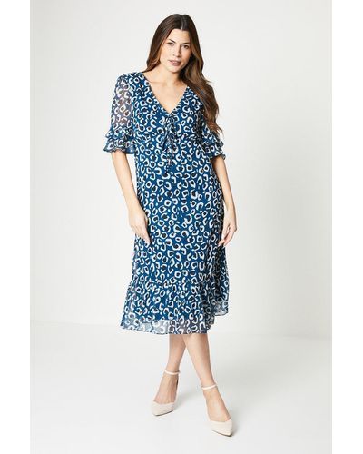 Wallis V Neck Midi Tea Dress - Blue