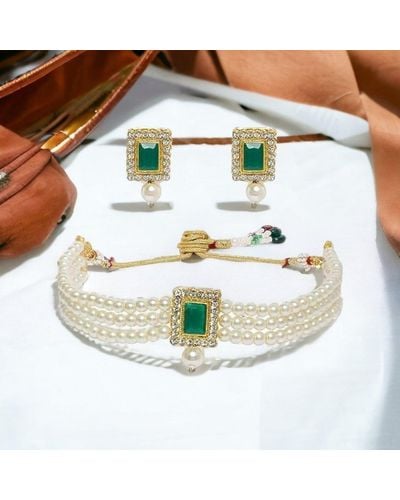 The Colourful Aura White Pearl Square Green Stone Diana Party Victorian Bridal Choker Set