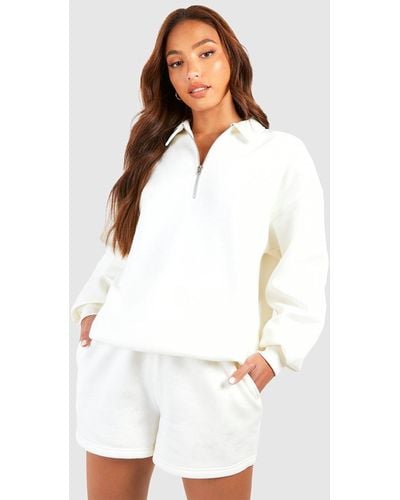 Boohoo Tall Half Zip Rugby Collar Short Tracksuit - White