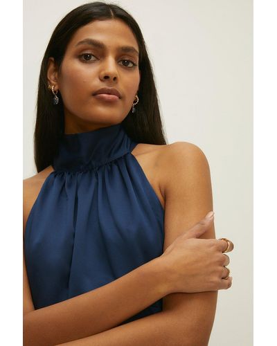 Oasis Satin Halter Neck Midi Dress - Blue