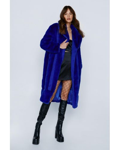 Nasty Gal Premium Faux Fur Panelled Wool Coat - Blue
