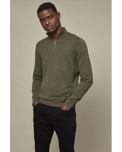 Burton Cotton Rich Khaki Knitted Half Zip Jumper - Green