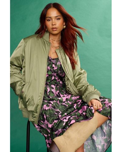ANOTHER SUNDAY Oversized Bomber Jacket With Ruched Sleeves In Khaki - Green