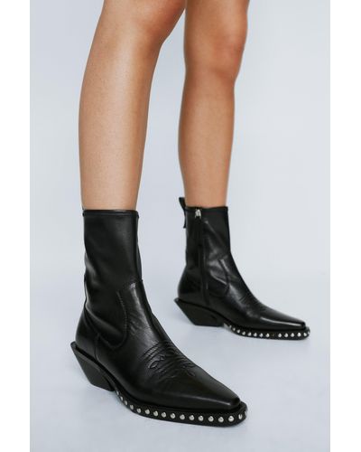 Nasty Gal Leather Studded Ankle Sock Boots - Black