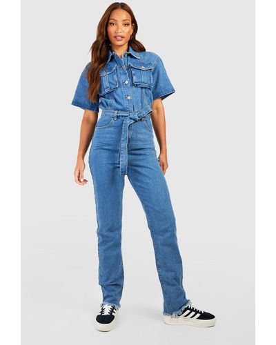 Boohoo Tall Shortsleeve Belted Tapered Cargo Denim Jumpsuit - Blue