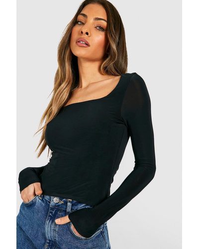 Boohoo Double Layer Slinky Square Neck Long Sleeve Top - Black