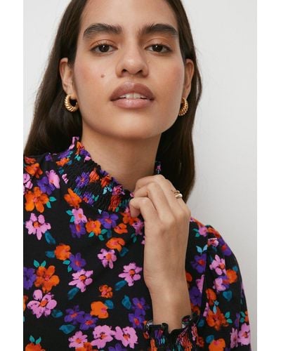 Oasis Jersey Floral Shirred Neck And Cuff Top - Orange