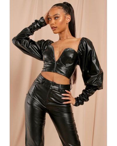 MissPap Leather Look Extreme Puff Shoulder Crop Top - Black