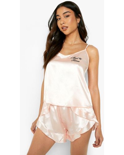 Boohoo Maid Of Honour Embroidery Satin Cami & Short - White