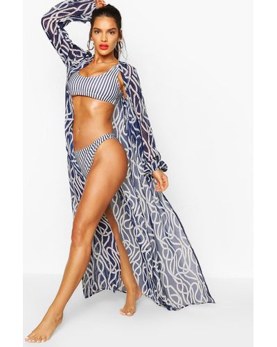 Boohoo Nautical Rope Print Maxi Beach Kimono - Blue