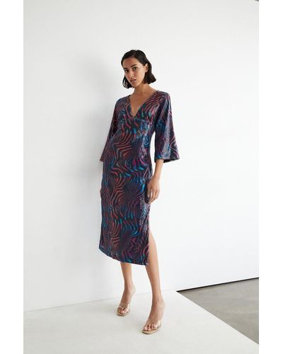 Warehouse Animal Printed Sequin Flare Sleeve Midi Dress - Blue