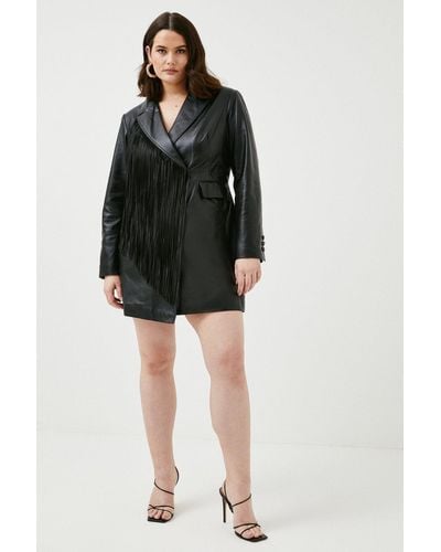 Karen Millen Plus Size Leather Fringe Detail Tux Mini Dress - Black