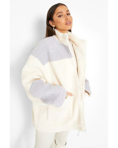 Boohoo Colourblock Borg Branded Jacket - White