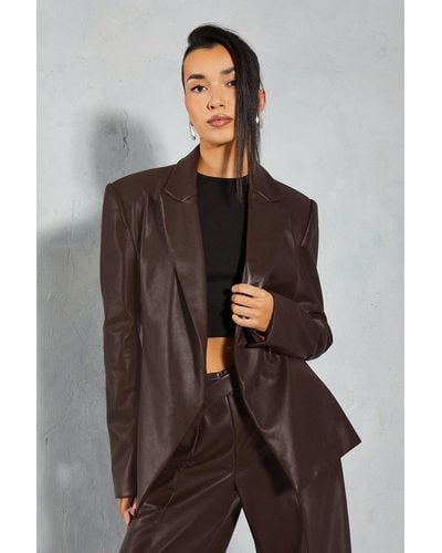 MissPap Leather Look Wrap Blazer - Brown