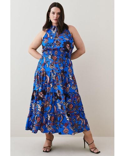 Karen Millen Plus Size Floral Shirred Woven Maxi Dress - Blue