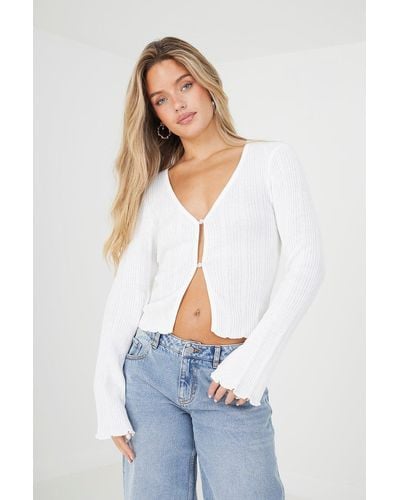 Brave Soul 'ripley' Ribbed Knitted Cardigan With Wide Sleeve - White