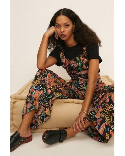 Oasis Relaxed Fit Floral Dungaree - Brown