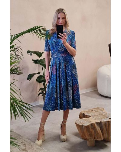 Izabel London Peacock Print Wrap Front Dress - Blue